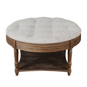 FURNIinspire Ottomans And Benches Large Round Waterproof Ottoman Coffee With Wooden Shelf Storage, Ottoman Linen, Light Grey, 31.49"*31.49"*18.50" - 1 of 4