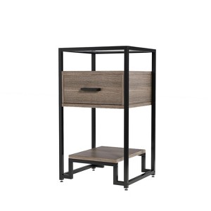 ODK 1PCS Nightstands, Beside Table with Storage Drawer, Small End Table with Steel Frame and Tempered Glass Top, Bedroom, Black and Rustic Brown - 1 of 4