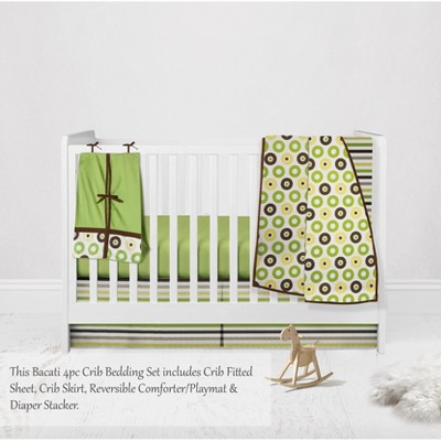 Bacati - Mod Dots Stripes Green Yellow Beige Brown 4 pc Crib Bedding Set with Diaper Caddy