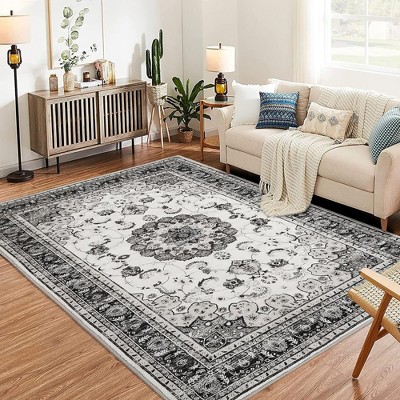 Whizmax 9x12'Floral Print Gray Area Rugs --Washable Boho Rug, Non Slip Carpet,Soft Low-Pile Rug