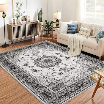 Whizmax Floral Print Gray Area Rugs --Washable Boho Rug, Non Slip Carpet,Soft Low-Pile Rug