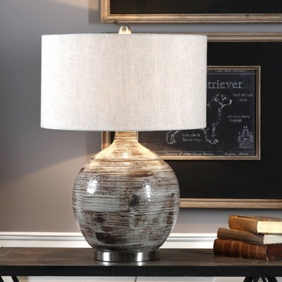 Distressed Blue-Gray Ceramic Table Lamp with Linen Drum Shade