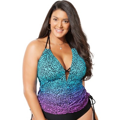 Swimsuits For All Women's Plus Size Plunge Tankini Top - 8, Ombre