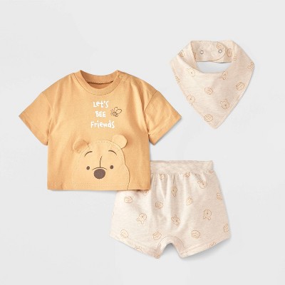Baby 3pc Disney Winnie The Pooh Short Sleeve Top & Shorts Set with Bib - Light Orange