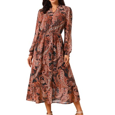 INSPIRE CHIC Women's V Neck Boho Floral Long Sleeve High Waist Smocked Cuff A-Line Flowy Midi Dress