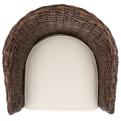 Transitional Rattan and Mango Wood Barrel Chair with Cushion - Brown