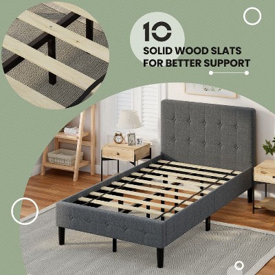 Yukimo Twin Upholstered Bed Frame with Button Tufted Headboard, Solid Wood Slat Support Metal Platform Bed with Storage Space