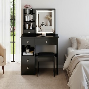 FONTOI 29.2"W/37"W/41"W Makeup Vanity Table with Left Drawer Stool Large Sliding Mirror Capacity Storage for Bedroom Dressing Room, White/Black - 1 of 4