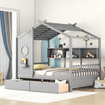 Twin/Full Size Wooden House Bed with 2 Drawers, Kids Bed with Storage Shelf - ModernLuxe