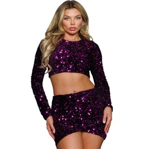 Slickblue Women's Two Piece Outfit, Long Sleeve Sequin Crop Top & Mini Skirt, Bodycon Fit, Green/Magenta, Size S-L - 1 of 4