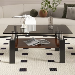 39.2" Tempered Glass Rectangle Coffee Table with MDF Layer and Iron Legs - 1 of 4