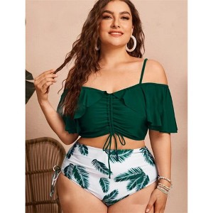Garvee Women Plus Size Bikini Sets High Waisted Ruffle Tummy Control Two Piece Swimsuit Off Shoulder Lace Up Bathing Suit - 1 of 3