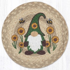 Earth Rugs Whimsical Garden Jute Trivet – 10" Round Braided Mat with Sunflower Gnome Design - 1 of 3