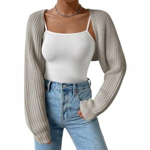 Coolmee Women's Open Front Ribbed Knit Crop Bolero Drop Shoulder Long Sleeve Loose Fit Knitted Crop Cardigan Shrug Light Grey M - 1 of 4