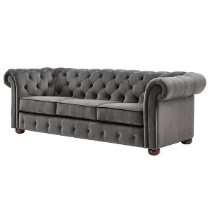 Inspire Q Beekman Place Button Tufted Chesterfield Velvet Sofa Charcoal Black, Grey Black