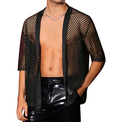 Lars Amadeus Men s Mesh Sheer Open Front Fishnet 3 4 Sleeve Party See Through Cardigan Black Small