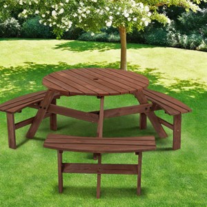 GDFStudio Hart Outdoor 6-Person Wooden Round Picnic Table with 3 Built-in Benches and Umbrella Hole - 1 of 4