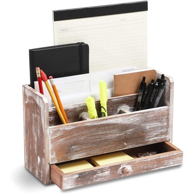 Wooden Mail Desktop Organizer, 3 Tier with Storage Drawer (11.75 x 7 x 4.1 inch)