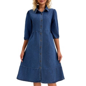 INSPIRE CHIC Women's Puff 3/4 Sleeve Button Up Collar A-Line Swing Ruffle Tiered Midi Denim Dress - 1 of 4