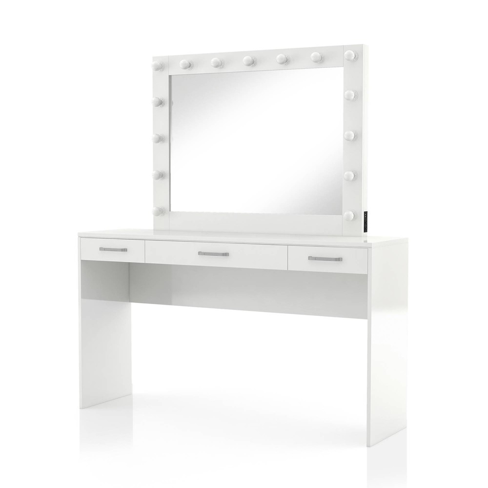 2pc Grayde 3 Drawer Vanity Table and Mirror Set with Bulbs and USB Ports Luminous White - miBasics: Hollywood Style LED, MDF Construction