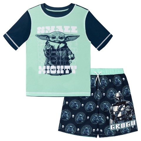 Star Wars The Mandalorian Little Boys' Short Sleeve Graphic Swim Shirt and Drawstring Swim Shorts Set Mint Grogu 7-8