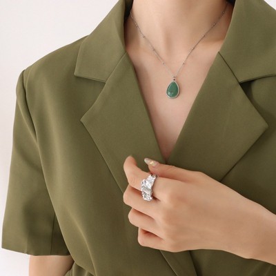 Clotth Natural Aventurine Pendant Necklace - Stainless Steel Water Drop and Oval Charm Choker Jewelry for Women