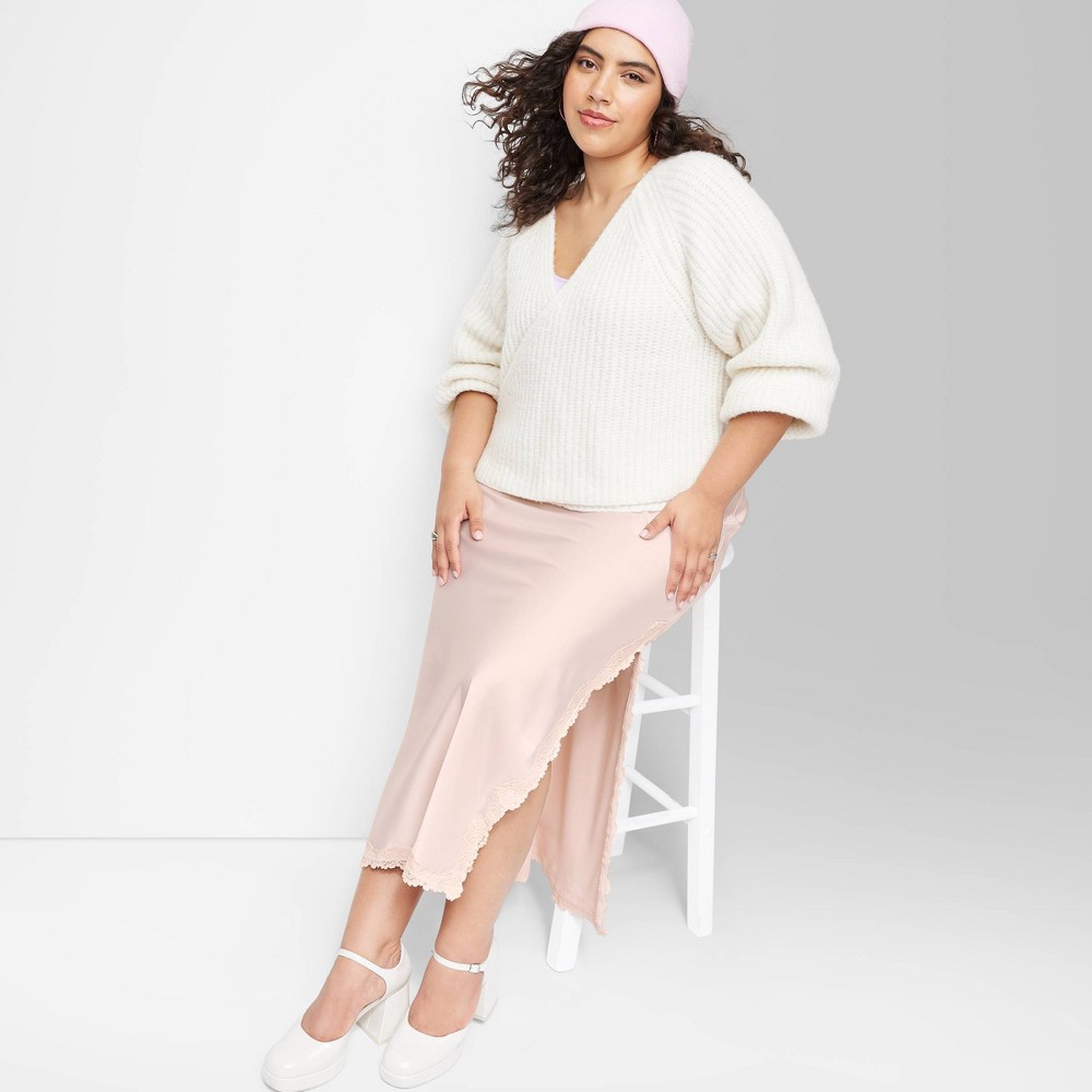Women's Satin Lace Trim Midi Skirt - Wild Fable™ Pink M