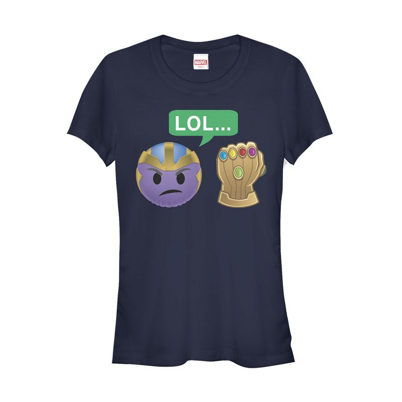 Juniors Womens Marvel Thanos Infinity Gauntlet Emoji T-Shirt, 1 of 4