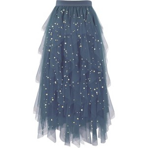 Women's A-Line Tulle Skirt - Tiered Midi Length with High Elastic Waist - 1 of 4