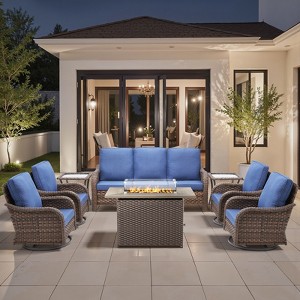 Buenhomino Patio Furniture with Fire Pit, Wicker Outdoor Couch and Swivel Rocking Chairs, Propane Fire Pit Conversation Set - 1 of 4