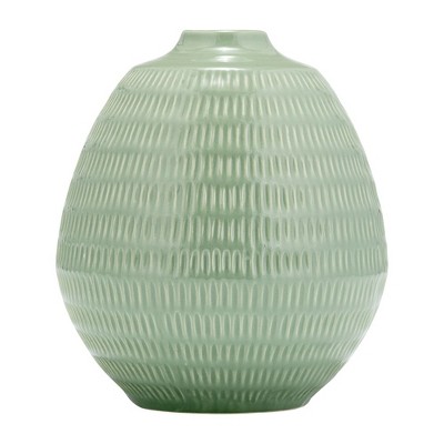 Sagebrook Home 7" Ceramic Oval Vase - Contemporary Dark Sage Green Etched Stripe Decorative Table Vase Home or Office Decor Accent Flower Centerpiece
