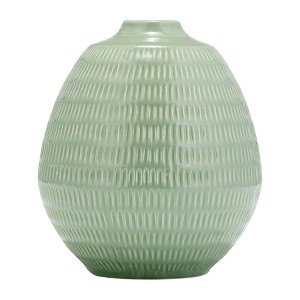 Sagebrook Home 7" Ceramic Oval Vase - Contemporary Dark Sage Green Etched Stripe Decorative Table Vase Home or Office Decor Accent Flower Centerpiece - 1 of 4