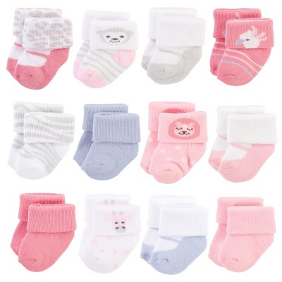 Hudson Baby Infant Girl Cotton Rich Newborn and Terry Socks, Girl Safari, 0-3 Months