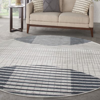 Astra Blue and Ivory Round Geometric Washable Rug 5'3"