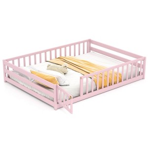 Costway Full Size Floor Bed with Full Length Safety Guardrails & Door for Boys, Girls Pink/Mint Sky/Icy Aqua/Gray/White/Natural - 1 of 4