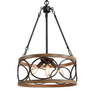 LNC Chet 4-Lights 16" Modern Farmhouse Small Drum DownLights Chandelier, Antique Brown and Matte Black - 1 of 4
