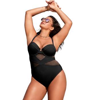 Swimsuits for All Women's Plus Size Mesh Spliced Bandeau Underwire One Piece Swimsuit