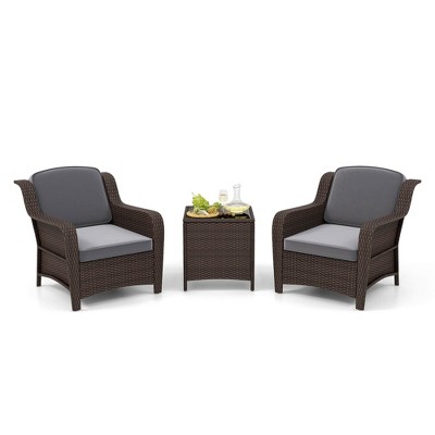 Tangkula Set of 3 Furniture Set w/ Cushions & Tempered Glass Coffee Table Gray
