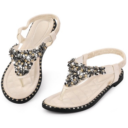 Perphy Women's Rhinestone Elastic T-Strap Dressy Slip Flat Bohemian Flip Flop Sandals - image 1 of 4