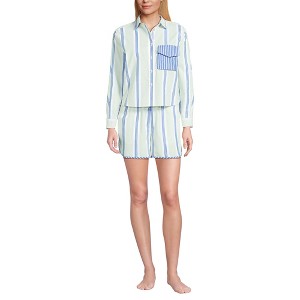 Lands' End Women's Cotton Poplin 2 Piece Pajama Set - Long Sleeve Top and Shorts with Piping - 1 of 3