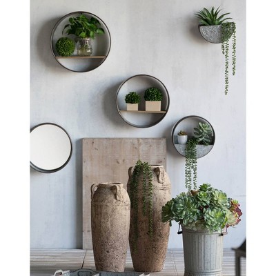 Set of 5 Gray Iron Round Wall Planters with Wood Shelves