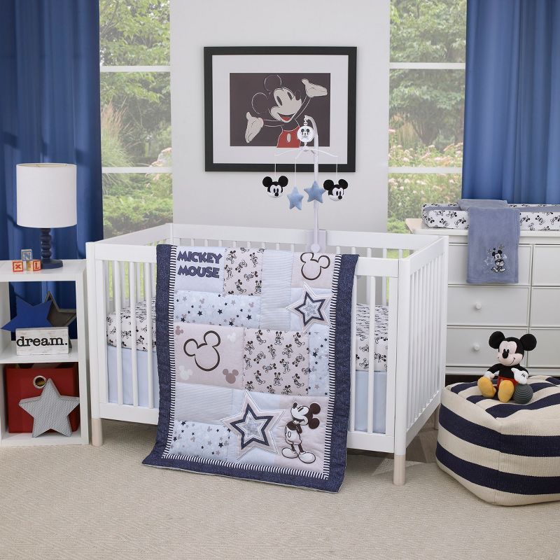 Disney Mickey Mouse - Timeless Mickey Blue, Gray, and White Stars and Icons 3 Piece Nursery Crib Bedding Set, 1 of 9