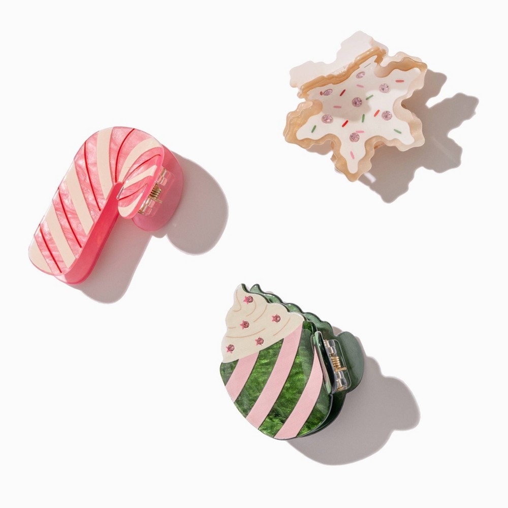 Frasier Sterling Holiday Candy Cane & Sweets Hair Clip Set 3pc - Green/Pink