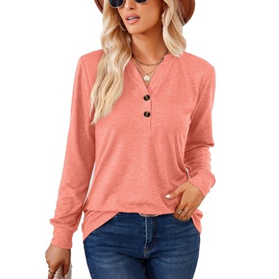 Women's 2025 Fall Long Sleeve Henley Top Dressy Casual V-Neck Blouse Trendy Loose Fit Button Up Shirts Cute T-Shirt