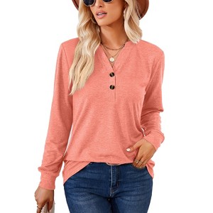 Women's 2025 Fall Long Sleeve Henley Top Dressy Casual V-Neck Blouse Trendy Loose Fit Button Up Shirts Cute T-Shirt - 1 of 4