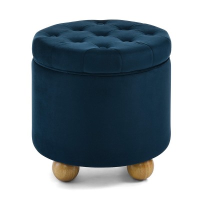 GlasFlength Ottomans and Benches Round Storage Ottoman with Reversible Table Top Simple Design for Living Room Bedroom, Dark Blue, 18.7"*18.7"*16.1"