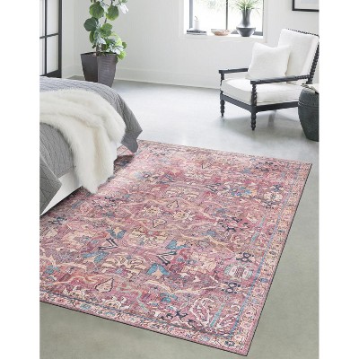 Nostalgia Blue and Pink Synthetic Washable Rectangular Area Rug