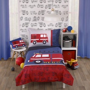 Carter's Firetruck Red, White, and Blue 4 Piece Toddler Bedding Set - 1 of 4