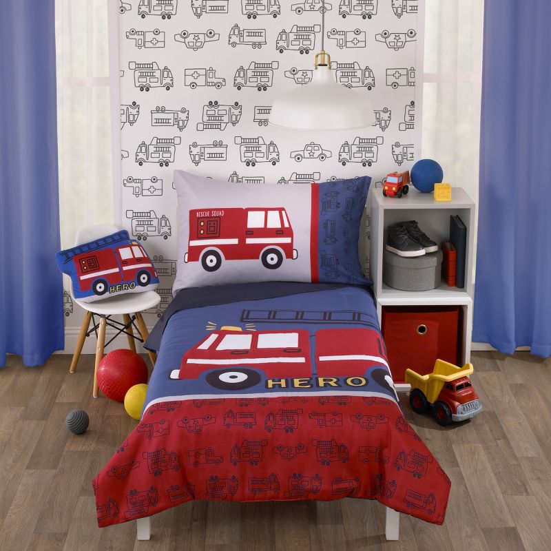Carter's Firetruck Red, White, and Blue 4 Piece Toddler Bedding Set, 1 of 7