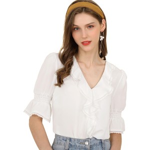 INSPIRE CHIC Women's Ruffle V Neck Puff Sleeve Summer Casual Chiffon Peasant Top - 1 of 4